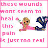 a graphic with a pixel drawing of a girl and pink text that reads: "these wounds wont seem to heal this pain is just too real"
